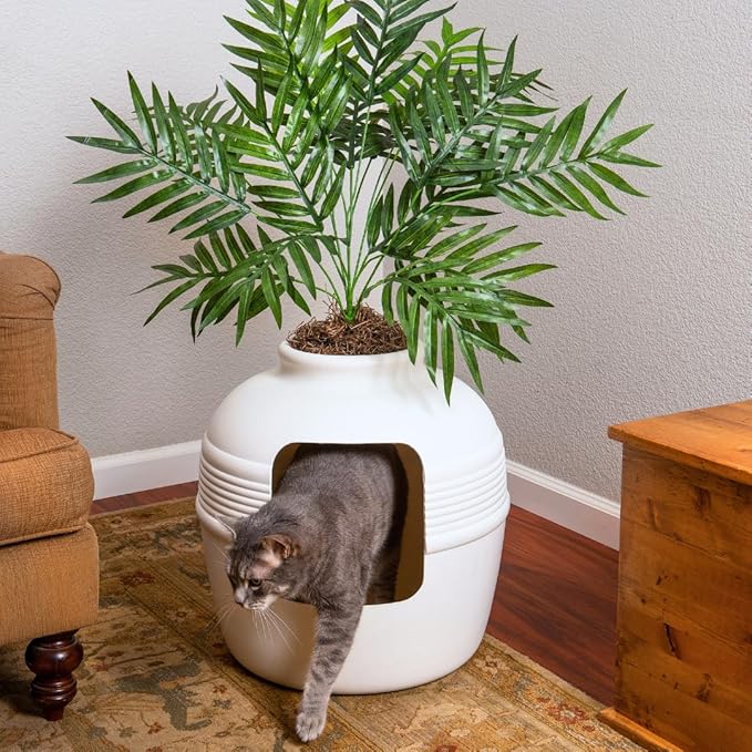 Good Pet Stuff Hidden Litter Box Planter, Decorative Cat Litter Enclosure with Carbon Filter, Artificial Plant, Easy Clean, Indoor Design, Original Round Style, Essentials Kit, White Birch