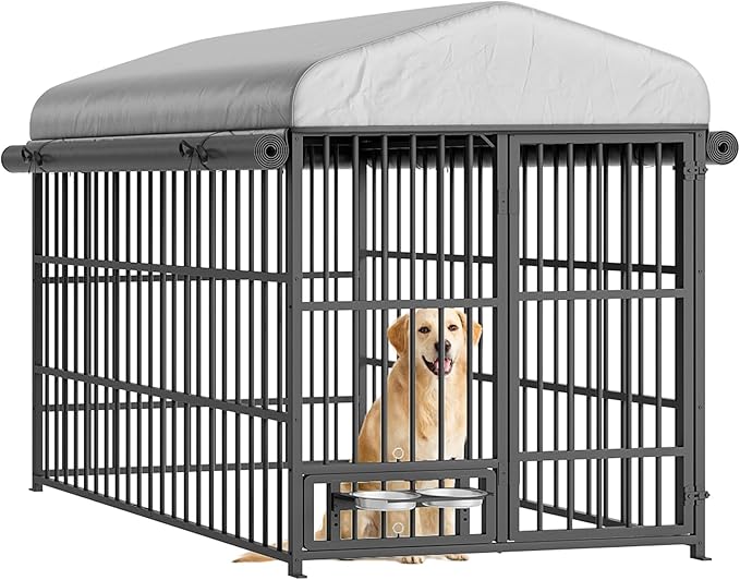 HOOBRO Outdoor Dog Kennel with Cover, 6.6 x 3.9 x 5.9 ft Dog Kennel Outside with Waterproof Roof and Rotating Feeding Bowls, Heavy-Duty Large Cage Enclosure, for Medium & Large Dogs, Black BK212GW03