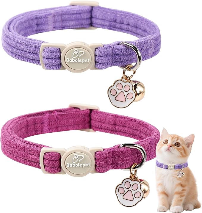 2 Pack Corduroy Cat Collars - Cute Breakaway Cat Collar with Bell and Paw Pendant, Soft Adjustable Fall Winter Kitten Collars for Girl Boy Cats, Lavender&Fuchsia