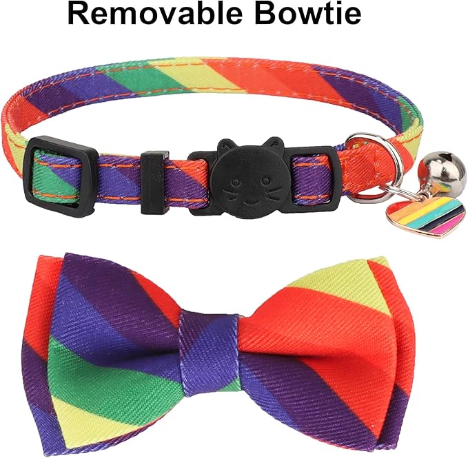 ADOGGYGO Rainbow Cat Collar with Bow Bandana - 2 Pack Cute Kitten Bowtie Collar for LGBT Pride Month, Adjustable Rainbow Collar for Cats