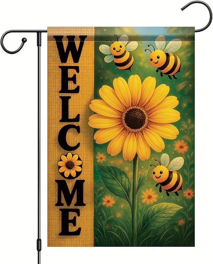 Spring Summer Garden Flag Bee Sunflower Flag 12x18 Inch Double-Sided Cute Welcome Yard Banner Floral Outdoor Decor for Porch Lawn Pathway Cottage Farmhouse Gift
