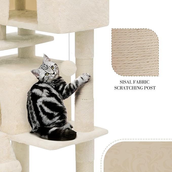 Athena Collection Cat Tree, 77 Inch Cat Tower for Indoor Cats, Multi-Level Cat Tree Tower Activity Center with 2 Cat Condo & Cat Scratching Post & Dangling Ball, Tall Cat Tree, Beige
