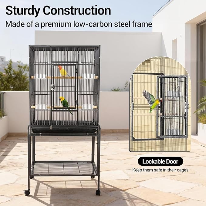 53 Inch Bird Cage with Wooden Perches, Standing Wrought Iron Birdcage with Wheels, Large Parrot Cage Bird Cages with Slide-Out Tray Water Bottle Feeder for Parakeets,Cockatiel, Canary,Pigeons