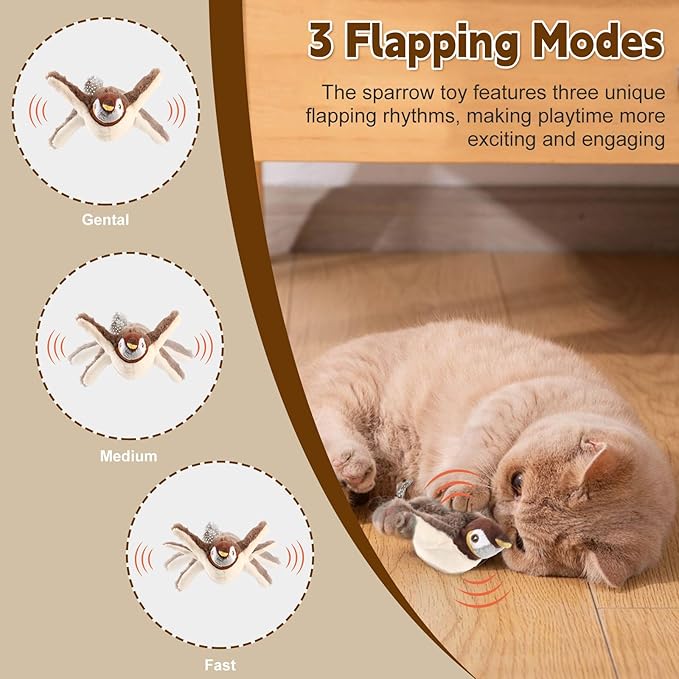 Chirping Bird Cat Toy - Interactive Flapping Bird Cat Toy for Indoor Cats, Simulated Rechargeable Flappy Sparrow with Catnip Pouch