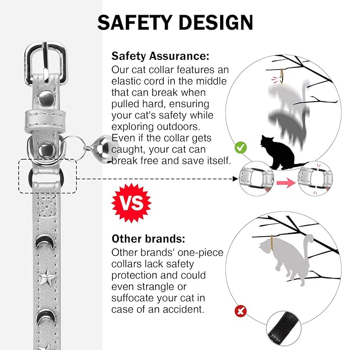 Leather Cat Collars for Boy Girl Cats with Bell and Safety Elastic Belt, Personalized Star and Moon Stud Adjustable Safe Buckle Collar for Kitty Small Big Cats Size 8-12 Inch, Silver Grey