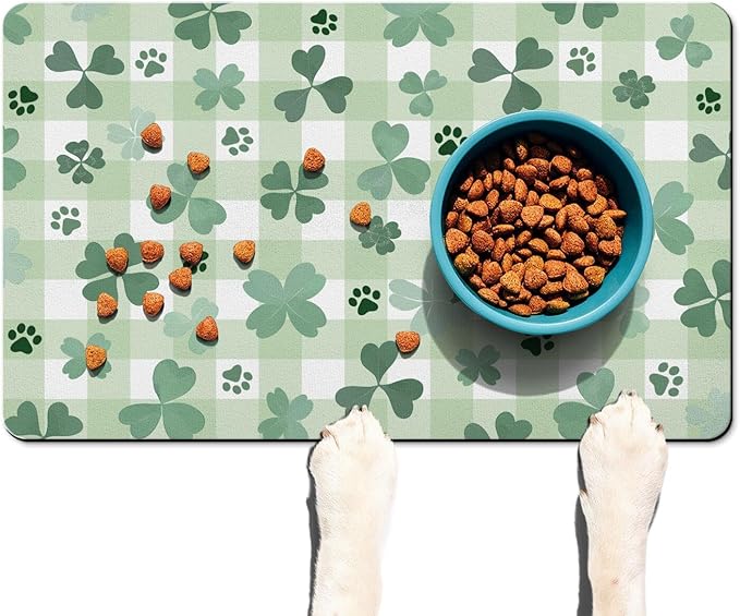 St Patricks Day Dog Food & Water Mat, Green Shamrocks Paw Prints Clover Pet Feeding Mat for Floor Non-Slip Waterproof, Super Absorbent Cat Bowl Mat, Easy to Clean Pet Placemat,12" × 20"