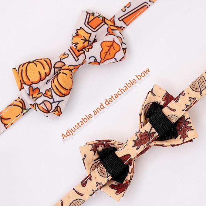 Faygarsle 2 Pack Breakaway Fall Cat Collars with Bow - Boy & Girl - Orange - Autumn Pumpkin Leaf Pattern - Soft Collar - Seasonal Cat Necklace
