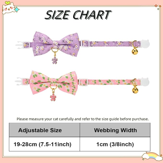 2 Pack Floral Cat Collars with Bow Tie and Bell Adjustable Breakaway Bowtie Cute Kitten Collar(Purple & Pink Flowers)