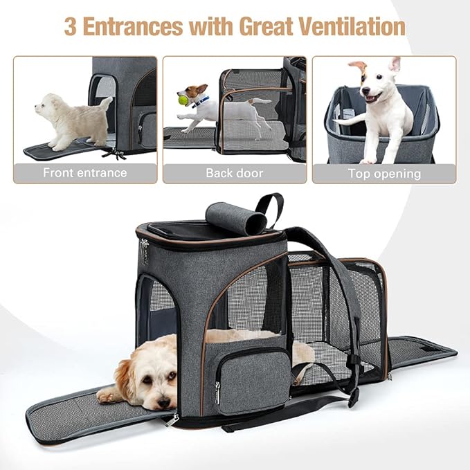 Lekereise Pet Carrier Backpack Expandable Cat Backpack for Medium Dogs and Large Cats 20-25 Lbs,14“L * 12.5" W * 16.14" H, Grey