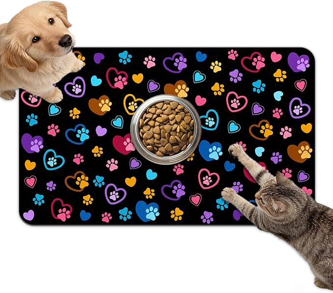Dog Food Mat for Bowls, Absorbent Quick Dry Dog Cat Mats for Food and Water, Non-Slip Backing Pet Mat Pet Supplies - Paw Pattern