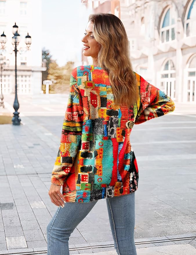 YESNO Women Christmas Sweater Graphic Printed Oversized Pullover Sweaters Casual Loose Knit Tops S01