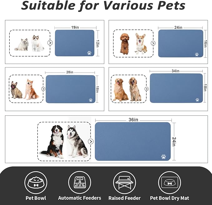 Dog Food Mat - Absorbent Cat Mat for Food and Water, No Stains Pet Feeding Bowl Mat, Easy to Clean Pet Placemats, Quick Dry Dog Water Dispenser Mat for Messy Drinkers | Paw Blue 18"x34"