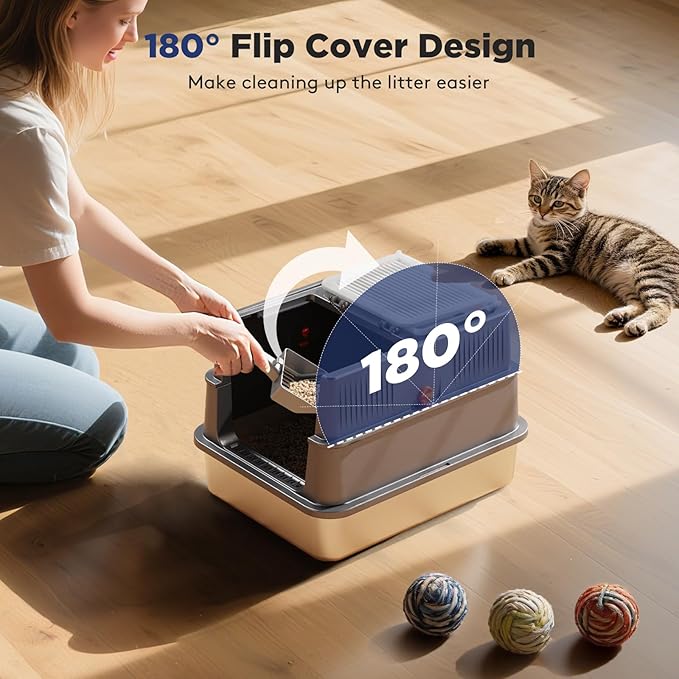 FURTIME Stainless Steel Litter Box with Lid for Kitty, Metal Enclosed Cat Litter Box for Small Cats, Kitten Cat Box with High Sided Enclosure & Scoop, Odor Free, Anti-Leakage, Grey