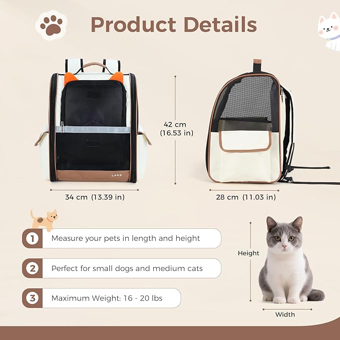 Lekereise Ventilated Dog Backpack Carriers, Cat Carrier Backpacks with Breathable Mesh for Small Cats Dogs Up to 17 Lbs, Pet Foldable Backpack Great for Travel Hiking Camping Outdoor Beige-Orange Ears