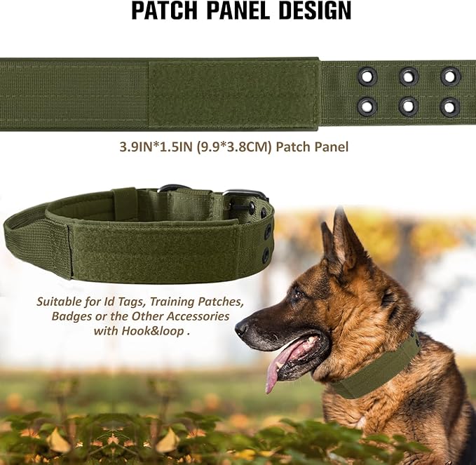 Tactical Dog Collar with Handle, Military Adjustable Heavy Duty Metal Buckle Dog Collars Soft Nylon Training Collar for Medium Large Dogs (Green, Medium)