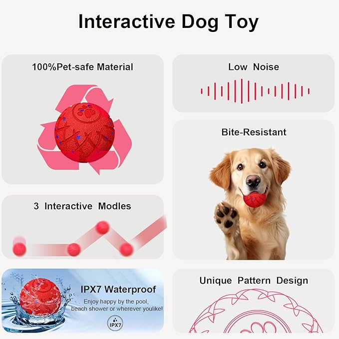 Interactive Dog Ball, Automatic Moving, Bouncing and Rotating, Silent Foam Material, IP54 Waterproof Rating, Smart Active Rolling, Stimulation Toys for Medium and to Keep Them Busy (Red)