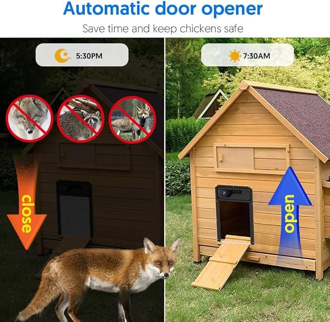 1080P HD Camera Solar Automatic Chicken Coop Door, 5000 mAh Large Battery, Support WiFi, APP Remote Viewing and Control, Timer, Alarm Driver Function, Easy to Install and Use.