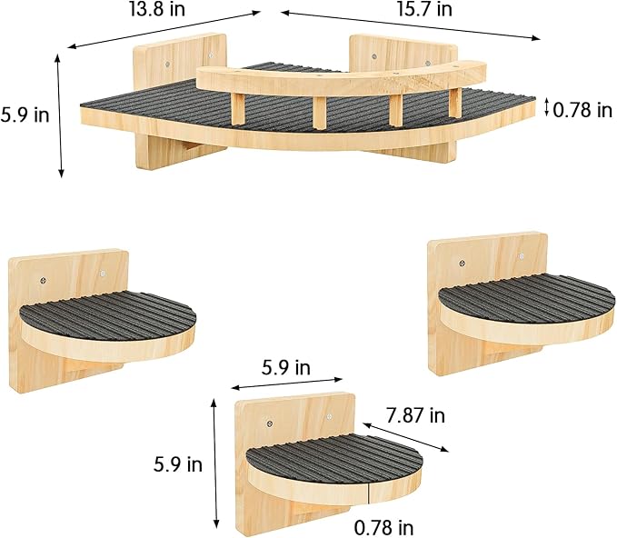 Cat Wall Shelves with 3 Steps, Wooden Cat Wall Furniture up to 15lbs, Floating Stairs for Small/Medium Cats, Kitty Wide Climber Shelf with Cozy Perch for Indoor, Sleeping, Jumping, Playing