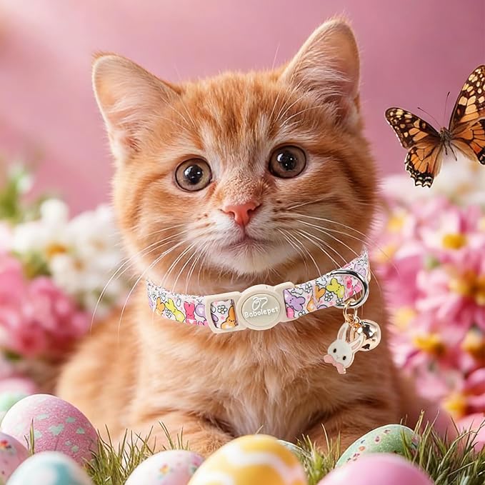 2 Pack Easter Cat Collars - Pastel Bunny&Egg Print Breakaway Easter Cat Collar with Bell & Bunny Pendant, Adjustable Cute Spring Holiday Kitten Collars for Boy Girl Cats