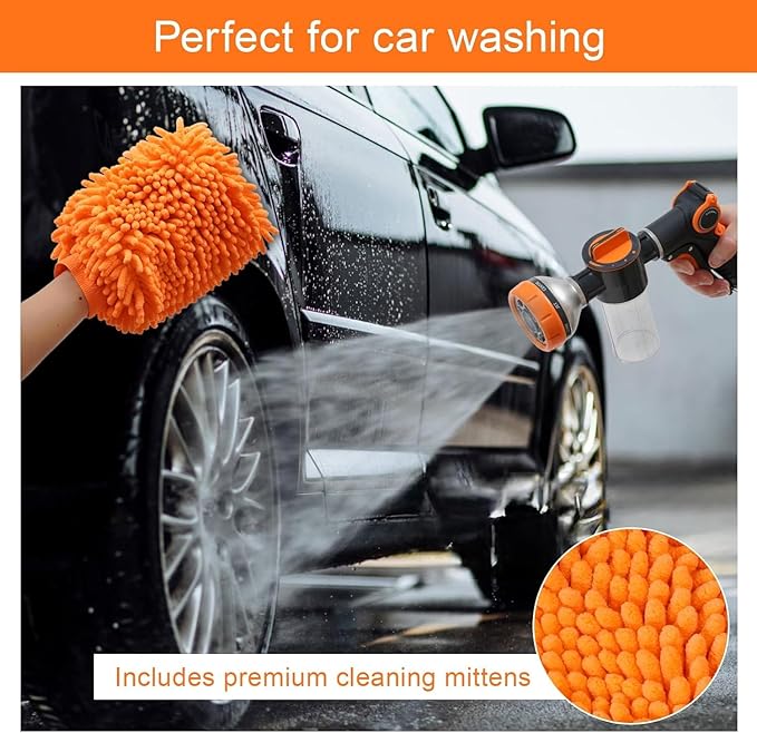 Dog Wash Hose, 8 Way Spray Pattern Garden Hose Nozzle with Soap Dispenser, Dog Wash Supplies with 2 type Dog Bath Brush, 4 extra connectors, Car Washing Mitt
