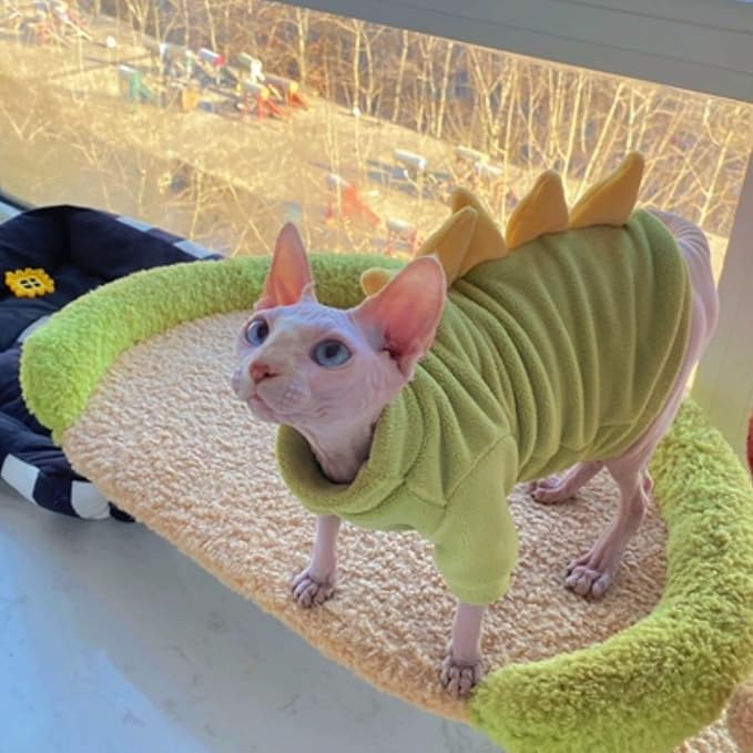 Dinosaur Sphynx Cat Clothes, Soft Polar Fleece Sweater for Cat, Elastic Pet Clothes Thick Winter Warm Outfit for Hairless Cat, Devon, Cornish, Small Dogs Apparel with Sleeves (Green, X-Large)