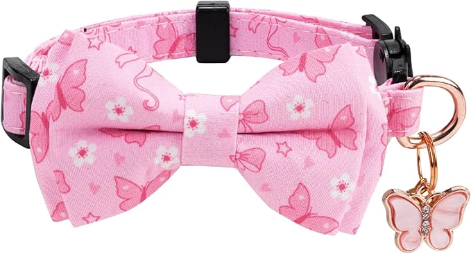 2 Pack Cotton Cat Collar with Bow Tie and Bell for Girl Boy Cats,Cute Pink Flamingo and Blue Whale Pattern Spring Summer Breakaway Cat Collar for Male Female Cats (Butterfly&Violet)