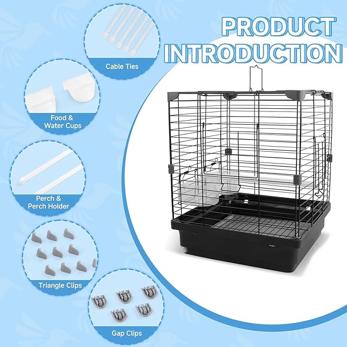 Small Bird Cage for Parakeets, Budgies & Canaries and More Small Birds - Lightweight Travel Birdcage & Bird Carrier with Handle, Stand, Removable Tray, Portable for Hanging, Outdoor Use, Black