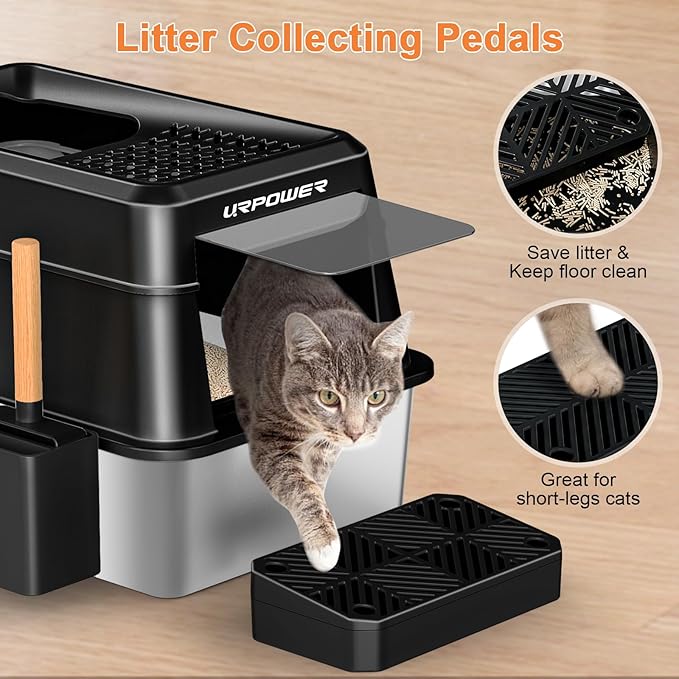 XXXXL Stainless Steel Cat Litter Box with Lid 110° Flip-Top Extra Large Enclosed Litter Box Non-Sticky Metal Pan with High Sided & Scoop, Front & Top Entry, Anti-Leakage, Easy Cleaning, 28"x20.5"x20"