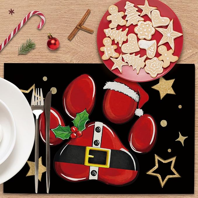 Christmas Dog Cat Paw Prints Placemats Set of 4, Xmas Stars Dining Place Mats Table Decor Pet Lover Gifts, Winter Funny Holiday Home Kitchen Decoration 12 x 18 Inch