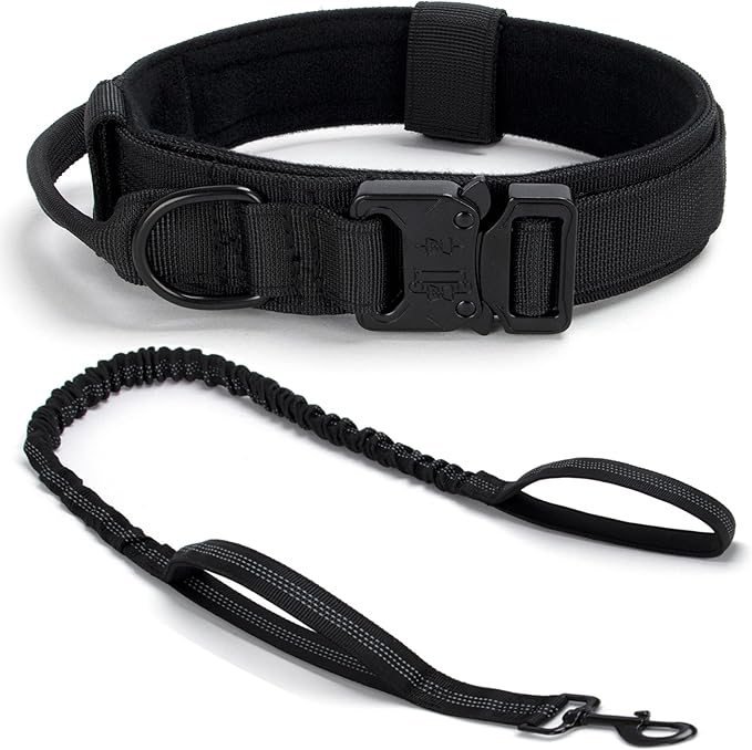 Tactical Dog Collar Set, Adjustable Military Training Nylon Dog Collar with Control Handle and Heavy Quick-Release Metal Buckle for Small Medium Large Dogs, Black Set XL