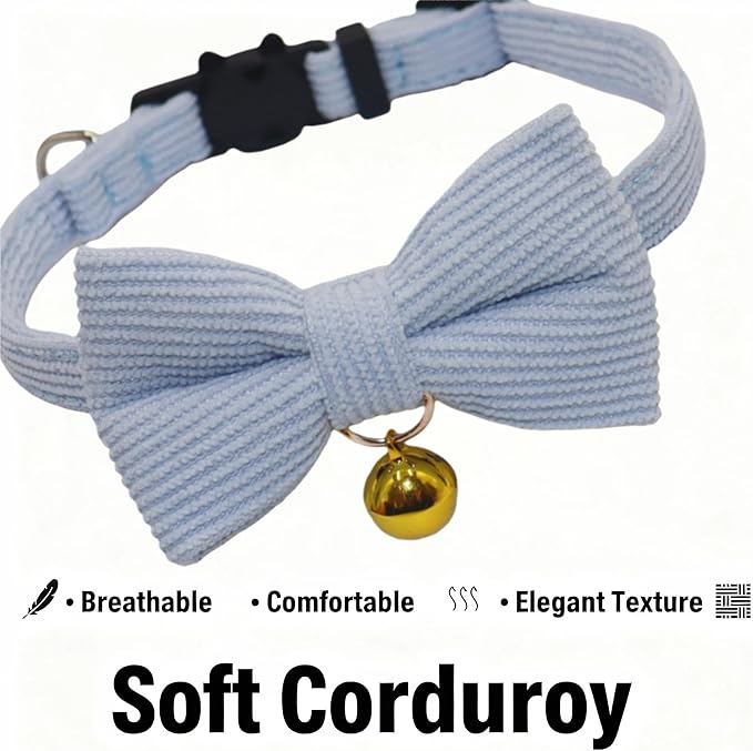 THAIN Cat Collar with Bow Tie and Bell, Breakaway Adjustable Cute Soft Corduroy Kitten Collars Safety Buckle for boy Cats(Solid Light Blue)