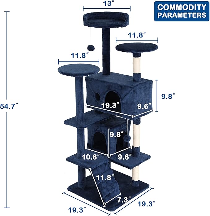 Heavy Duty Cat Tree Tower, 54" Tall Cat Tower for Indoor Cats with Cat Scratching Post with Bed, Cat Condo, Hanging Ball, Multi-Level Cat Climbing Tower Cat Trees Furniture Activity Center, Navy Blue