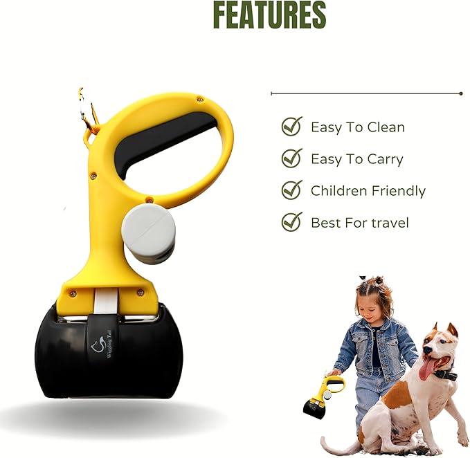 Pet Poop Scooper for Dogs and Cats, Kid-Friendly, Portable & Easy Clean Dog Waste Tool, Hands-Free Bag Attachment for Walks, Indoor, Travel & Outdoor Use, One-Hand Operation (5 Rolls Trash Bags)