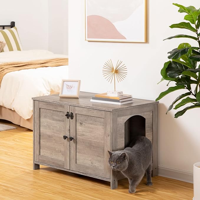 HOOBRO Litter Box Enclosure, Cat Litter Box Furniture with Removable Divider, Large Hidden Litter Box Furniture, Wooden Cat House, End Side Table, 31" L x 17.5" W x 19.7" H, Greige BG03MW01G2