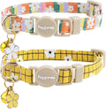 Faygarsle 2 Pack Striped Plaid Floral Pattern Cat Collars Breakaway Safety Collar with Bell Spring Summer Design for Girl Cats,Yellow Multicolor