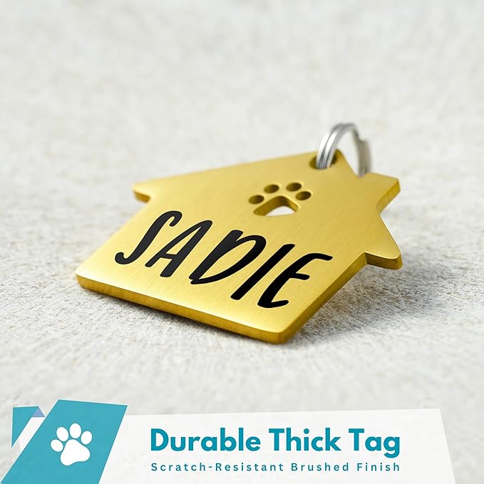 Ultra Joys Dog Tags Personalized for Pets - Hollow Paw Custom Pet ID Tag - Engraved Dog Tag for Small, Large Dogs - Large House in Gold