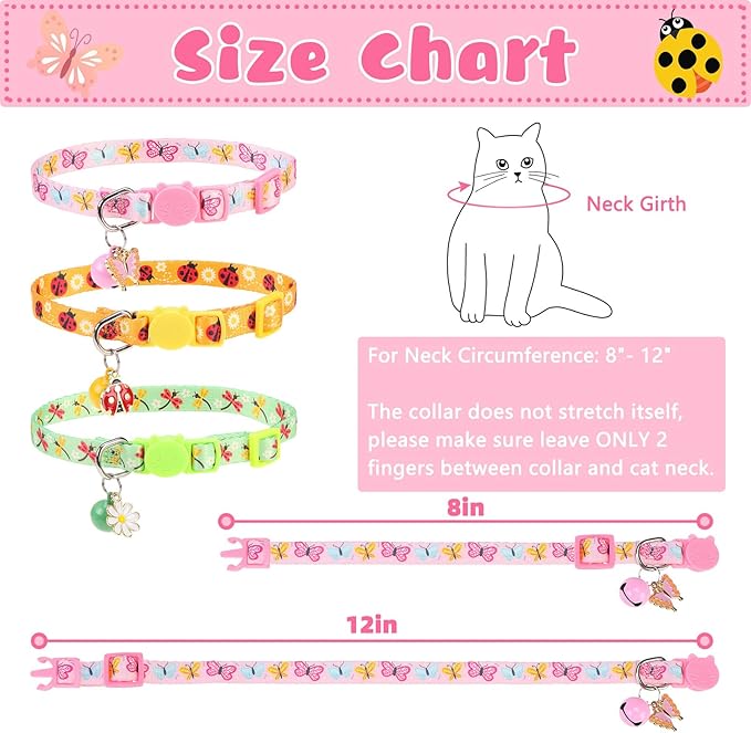 Breakaway Cat Collars with Bell & Cute Pendants, 3 Pack Safety Buckle Kitten Collars, Adjustable Pet Collar Ideal for Girl Boy Cats Puppy (Style A - Insect)
