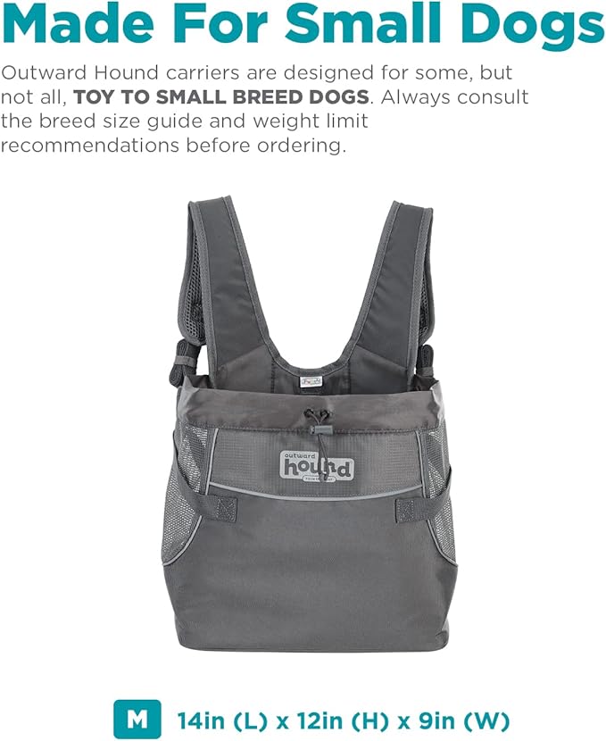 Outward Hound PupPak Dog Front Carrier, Medium, Grey – Hands-Free Hiking & Camping Pet Backpack for Small Pets up to 20 lbs, Padded Straps, Breathable Mesh, Water-Resistant, Safety Clip