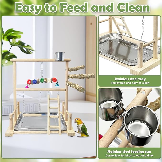 kathson Bird Playground Parrot Perch Stand Toys, Birds Wood Play Gym Activity Center Exercise Playpen Ladder Swing with Feeder Cups Chewing Toy(Include a Tray)