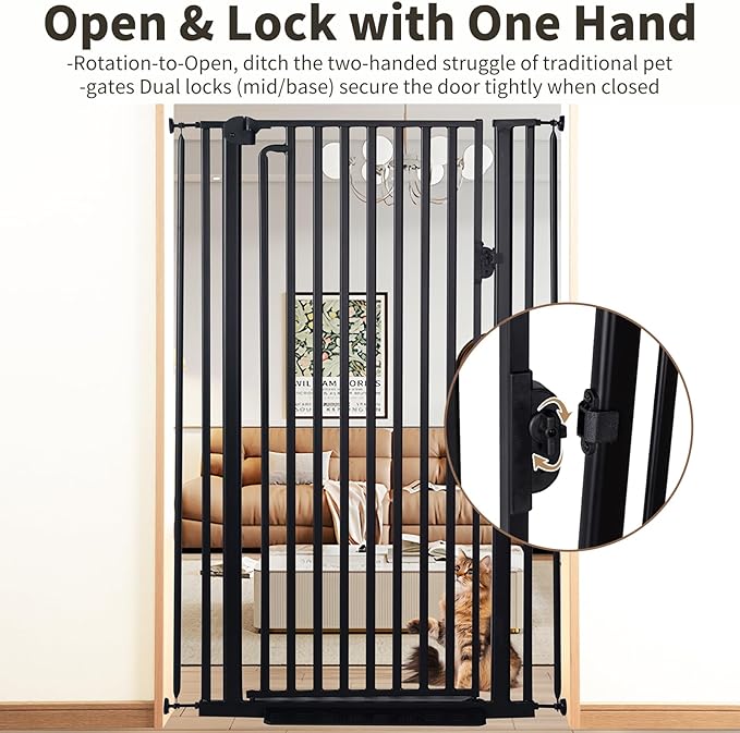 59“ Extra Tall Cat Gate for Doorway：29.4-33.4” Wide Pet Gate, Auto Close/One Handed Open, 1.34” Extra Small Gap, No Drill Pressure Mount Tall Cat Gate for Interior Stairs/Kitchens/Hallways (Black)