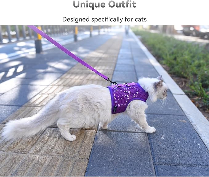 Cat Harness and Leash for Walking Escape Proof Breathable Mesh Fabric, Purple, Large, Adjustable Cat Walking Jackets with DIY Beads, Padded Stylish Cat Vest