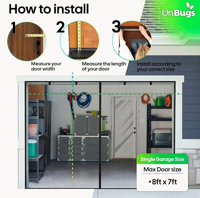 UnBugs Garage Screen Doors for 1 Car Garage - Fits Single Garage Doors up to 8 Feet Wide x 7 Feet Tall MAX - Pet & Kid Friendly, Self-Closing - Hands Free Magnet Closure Keeps Bugs Out & Breeze in