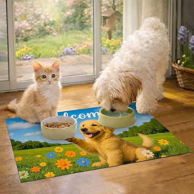 Welcome Spring Pet Feeding Mat 24" x 16" Non Slip Dog and Cat Food Mat Easy Clean Feeding Mat for Puppy and Kitten Cute Cat Feedings Mat for Indoor Cats Food and Water Mat for Pet Bowls