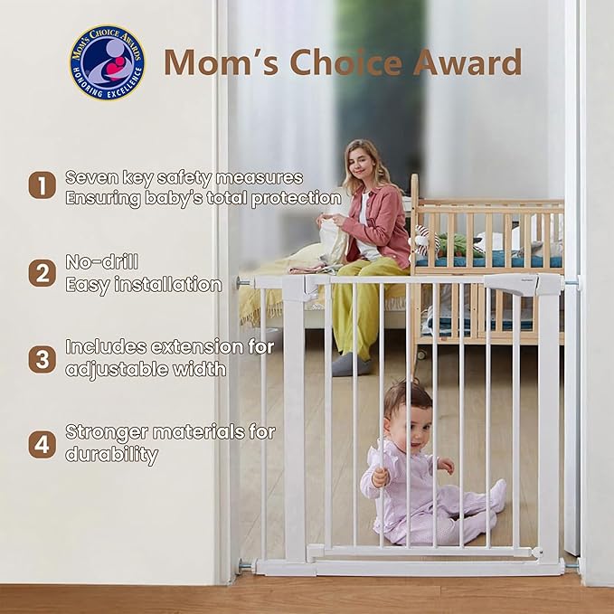 Mumeasy 29.6-46" Baby Gate for Stairs, Pressure Mounted Dog Gate for Doorways, Auto Close Pet Gate for Indoor Use, Extra Wide Child Gate with Walk Thru Door White, Mom's Choice Awards Winner