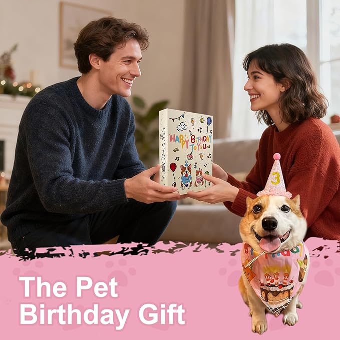 Dog & Cat Birthday Party Decorations Set Include Bandana, Adjustable Hat, Balloons, Happy Birthday Banner for Male and Female. Available for Small & Medium & Large Breeds (Pink)