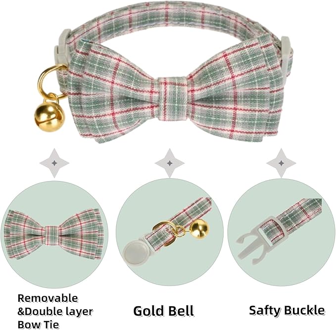 2 Pack Soft Cotton Cat Collars with Bowtie and Bell Breakaway Plaid Cat Kitten Collar(Red and Green)