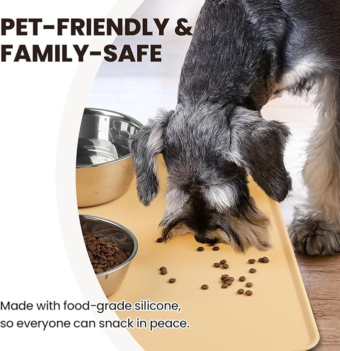 VIVAGLORY Dog Food Mat Flexmat Dog Bowl Mat, Placemat Food Tray with Raised Edges & Lip for Indoor Floor, Non Slip Waterproof Silicone Dish Placemat for Cat & Pet, S, Beige Yellow