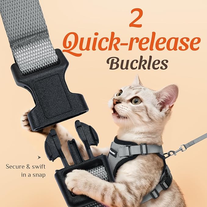 Dooradar Cat Harness and Leash Set, Escape Proof Safe Adjustable Kitten Vest Harnesses for Walking, Easy Control Soft Breathable Mesh Jacket with Reflective Strips for Cats, Grey, XXS