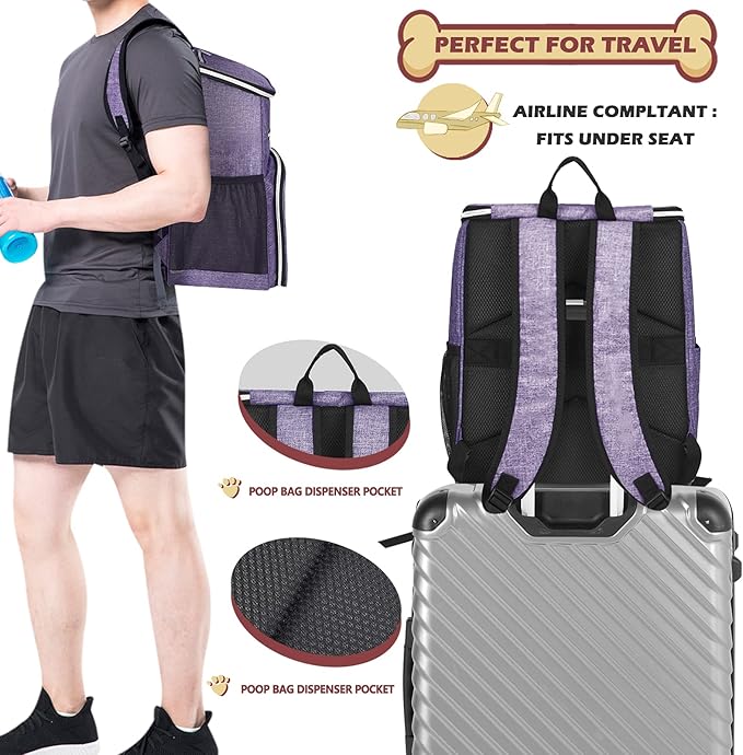 BAGLHER丨Dog Travel Bag Backpack, Airline Approved Pet Supplies Backpack, Dog Travel Bag with 2 Silicone Collapsible Bowls and 2 Food Baskets Purple