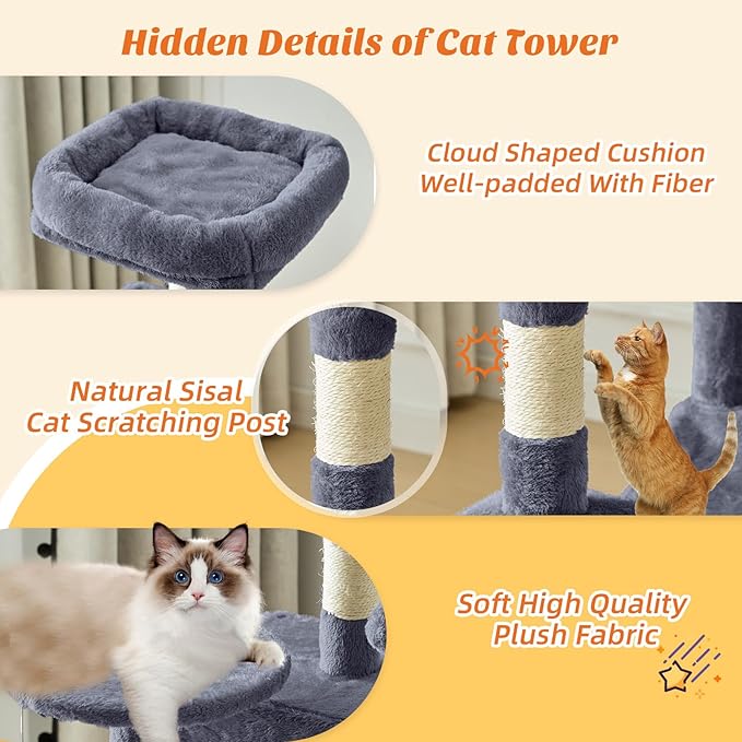 Cat Tree Tower 44 Inch, Small Cat Tower with Condo, Hammock, Sisal Scratching Posts, Extended Perch, Pet Play House for Indoor Kittens and Cats, Grey